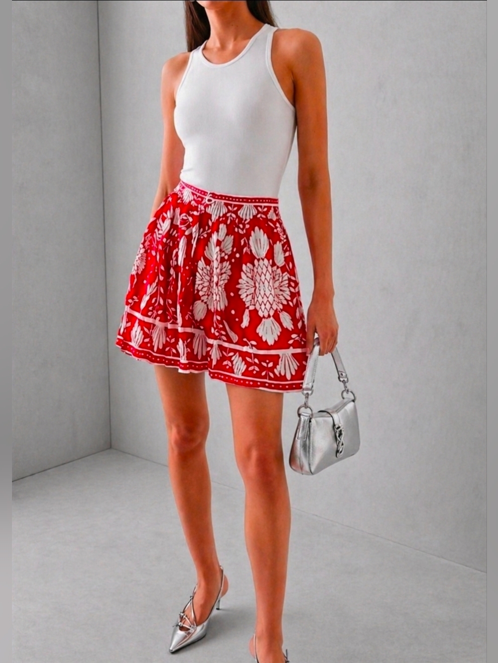 Haute Hippie Red and White Floral Print High Elastic Waist Mini Skirt XS New